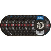 Draper Aluminium Oxide Flap Discs, 115mm, 40 Grit, black with blue and red label, pack of 10 discs.