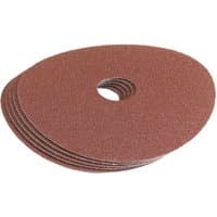 Draper Aluminium Oxide Sanding Discs, 115mm, 60 Grit, pack of 5, reddish-brown with central hole.