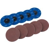 Blue and brown Draper sanding discs, 75mm, 180 grit, pack of 10, with visible grit number on blue discs.
