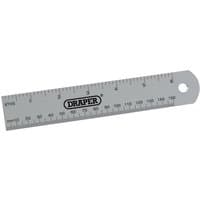 Silver Draper aluminium rule, 152mm/6", with metric and imperial markings, hole for hanging at one end.