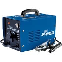 Blue Draper ARC Welder, 160A with black handle, front control panel, and attached cables with clamps.
