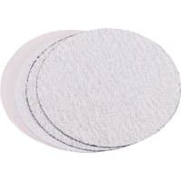 Draper 150mm sanding discs, pack of 5, round, white aluminum oxide surface, stacked slightly fanned out.