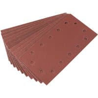 Pack of 10 brown Draper aluminium oxide sanding sheets, 115 x 227mm, with pre-punched holes for dust extraction.