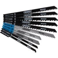 Draper 10-piece jigsaw blade set with black and silver blades for wood and metal, featuring BIM and HCS materials.