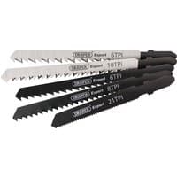 "Draper Assorted Jigsaw Blade Set, 5 black and silver blades with varying teeth per inch markings"