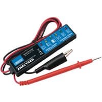 Draper Battery and Alternator Analyser, blue panel with LEDs, red and black probes, for 12V DC systems.