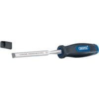 Draper 12mm bevel edge wood chisel with chrome vanadium steel blade and blue ergonomic handle, includes black blade cap.