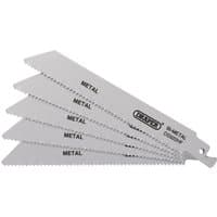 Draper bi-metal reciprocating saw blades, silver, 150mm, 10tpi, pack of 5, with serrated edges and branded logo.