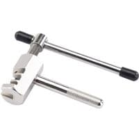 "Draper Bicycle Chain Rivet Extractor, silver metal tool with T-handle and grooved clamp for chain repair"