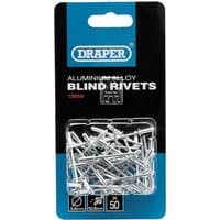 Draper Blind Rivets, 3.2 x 10.8mm, 50 pieces, silver aluminum alloy, in clear plastic packaging with blue and black label.