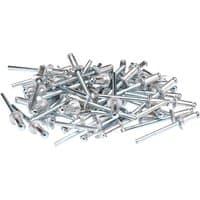 Silver Draper blind rivets, 4.8 x 10mm, pack of 50, cylindrical with flat heads and long stems.