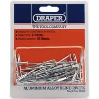 Draper Blind Rivets, 4 x 15.8mm, silver aluminum alloy, 50 pieces in clear plastic packaging with blue branding.