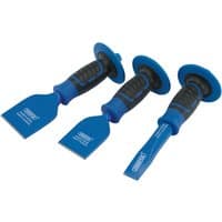 Blue and black Draper bolster and chisel set, three pieces with ergonomic rubber grips and protective hand guards.