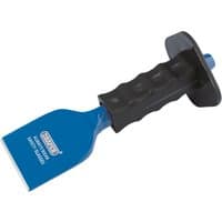 Blue Draper brick bolster with black hand guard, 225 x 75mm, featuring a sturdy grip and wide chisel blade.