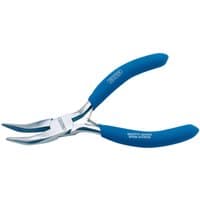 Bent nose pliers with blue rubber grips and silver carbon steel angled jaws, 125mm by Draper.