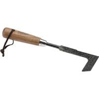 Draper hand patio weeder with carbon steel L-shaped blade and smooth ash wood handle with leather hanging loop.