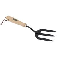 Draper carbon steel weeding fork with three black tines and a smooth hardwood handle with a hanging loop.