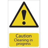 Yellow Draper caution sign with black exclamation mark and text "Caution Cleaning in progress" on white background.