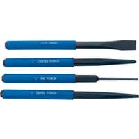Blue-handled Draper chisel and punch set, includes cold chisel, center punch, pin punch, and taper punch.