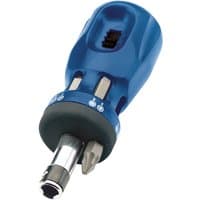 Blue Draper Chubby ratcheting screwdriver with interchangeable bits and ergonomic handle.