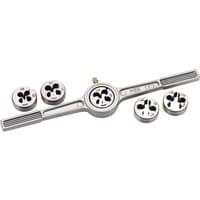 Draper Circular Metric Die and Holder Set, silver metal with five round dies and a long handle holder.
