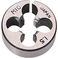 Coarse circular die, 1" diameter, silver with three threading holes, marked M10 and Japan.
