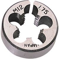 "Draper coarse circular die, 1-inch diameter, 12mm, silver metal with four cutting edges and engraved markings"