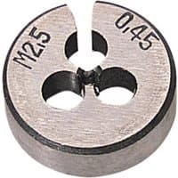 Draper coarse circular die, 13/16" diameter, 2.5mm, silver metal with engraved markings and central split.