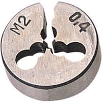 Circular silver Draper die, 13/16" diameter, with M2 0.4 markings and split design for threading.