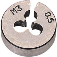 "Silver Draper coarse circular die, 13/16 inch diameter, with M3 and 0.5 markings, central cutout design"