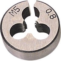 Draper coarse circular die, 13/16" diameter, silver with engraved "M5 0.8" markings and three internal cutting threads.