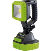 Green Draper COB LED worklight with black handle, 10W, 1,000 lumens, rechargeable, featuring 4 x 2.2Ah batteries.