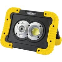 Black and yellow Draper COB LED rechargeable worklight, 10W, 750 lumens, with dual circular lights and rugged frame.