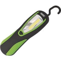 Green and black Draper COB LED work light with magnetic back, hanging hook, and ribbed grip, powered by 3 AA batteries.