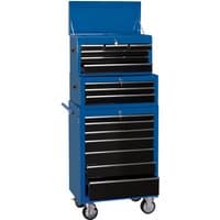 Blue Draper tool chest and roller cabinet, 16 drawers, black fronts, silver handles, on wheels, with top lid open.