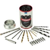 Draper 22-piece set with silver drill bits, screwdriver bits, and a cylindrical Power Brew-themed storage tin.
