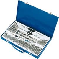 Draper 76-piece combination tap and die set in blue case with assorted silver tools neatly arranged.