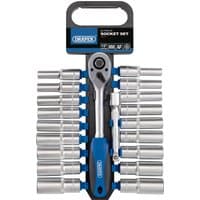 Draper 20-piece socket and ratchet set, silver sockets with blue-handled ratchet, organized in a black carrying case.