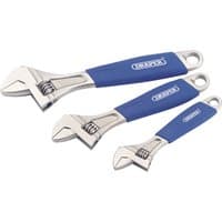Set of three silver adjustable wrenches with blue rubber grips and Draper logo on handles.