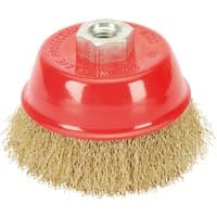 Red Draper crimped wire cup brush, 100mm, with M14 threaded nut and dense brass-colored bristles.