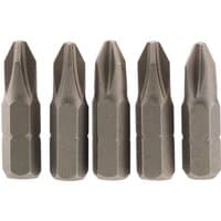 Set of five silver Draper cross slot insert bits, 1/4" hex, 25mm long, No.2 size, with grooved sides.