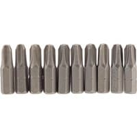 Pack of 10 silver Draper cross slot insert bits, 1/4" hex, 25mm long, No.3 size, aligned in a row.