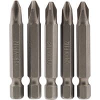 Pack of five Draper cross slot insert bits, 1/4" hex, 50mm long, No.2, metallic finish with engraved markings.