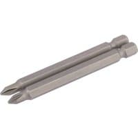 Draper Cross Slot Insert Bits, silver, 75mm long, 1/4" hex shank, pack of 2, with pointed tips and cylindrical bodies.