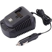 Black Draper D20 12V Li-ion battery in-car charger with vented design and attached car adapter plug.