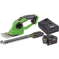 Green Draper D20 20V trimmer with black handle, interchangeable grass and hedge blades, battery, and fast charger.