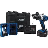 Draper D20 blue and black brushless combi drill with charger, black case, and 26-piece impact screwdriver bit set.