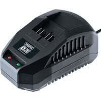 Black Draper D20 20V Li-ion battery charger with dual LED indicators and ribbed sides for ventilation.