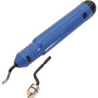 Blue Draper deburring and chamfering tool set with ergonomic handle and interchangeable metal tips.