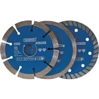 Draper Diamond Blade Set, 115mm, 3 blue circular blades with segmented and continuous rims, silver cutting edges.
